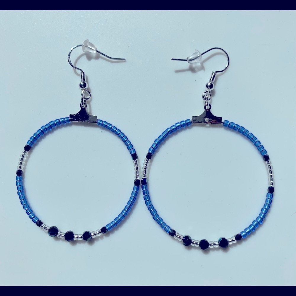Handmade Beaded Hoop Earrings in Sapphire Blue